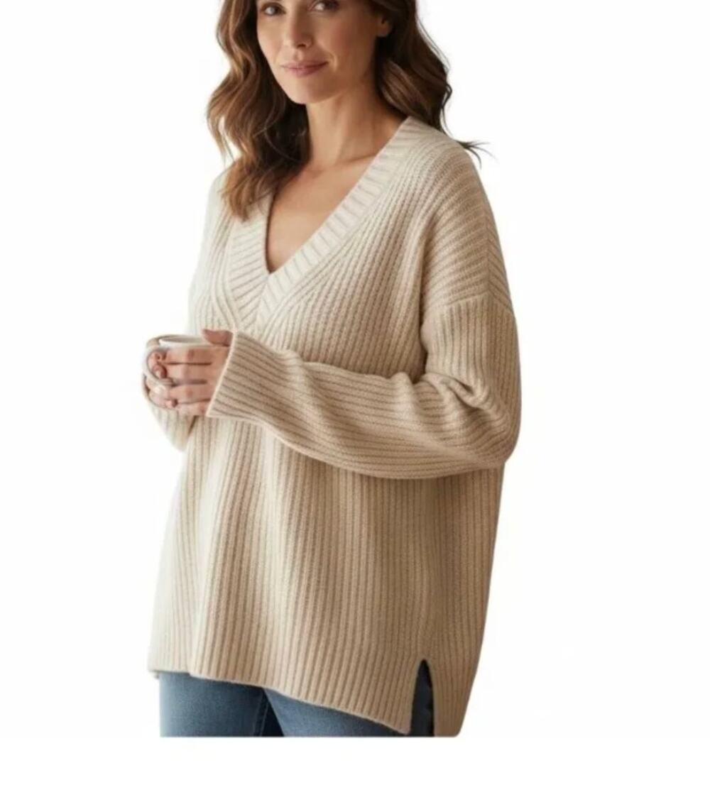 Acne Studios 100% Wool Ribbed V-Neck Sweater Beige Knit S